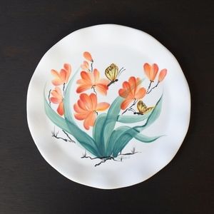 Handmade Signed Art Pottery Hand Painted Butterfly Flower Decorative Plate